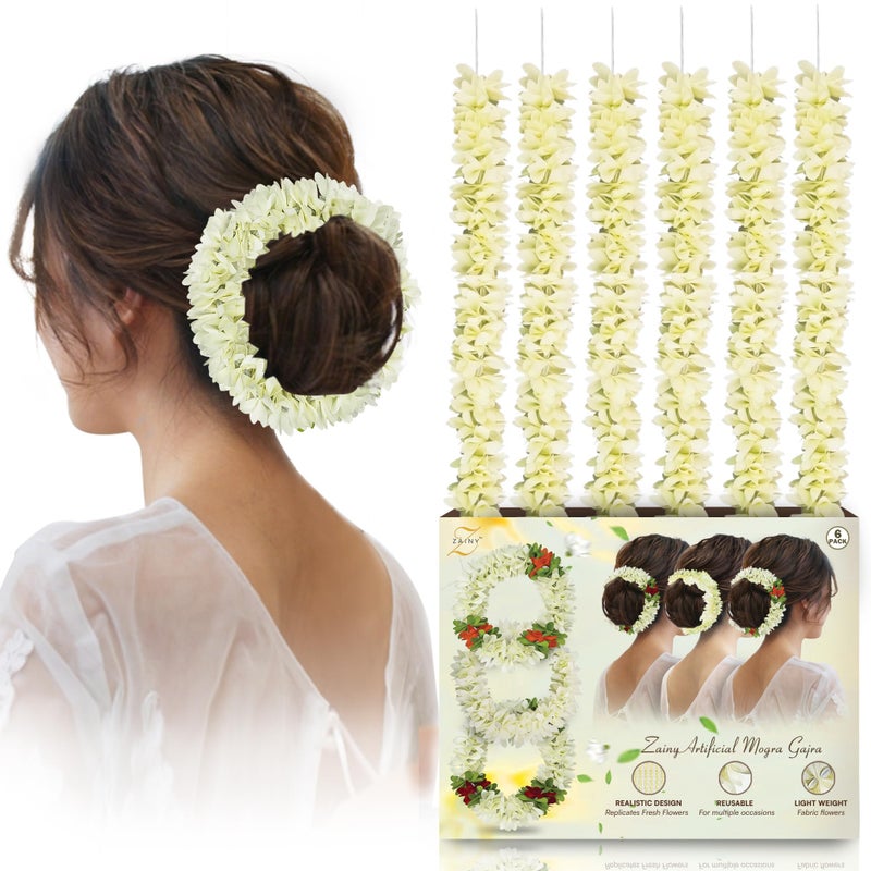 ZAINY 6 Pack White Mogra Artificial Gajra for Hair Indian Bun Braid Non Scented Fabric Jasmine Flowers Veni Bridal Hair Accessories for Women Wedding Reusable Cloth Floral Girl Accessory 13 inch